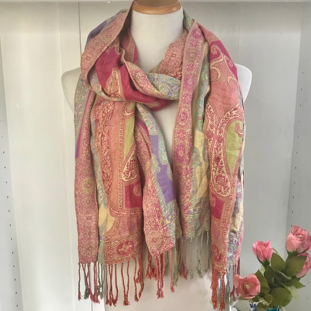 Pastel Paisley, Mixed Print Fringe Long Scarf (great for Easter)